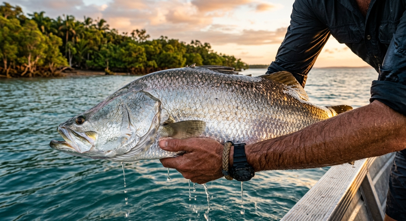 A metre-plus saltwater barra being cradled boatside