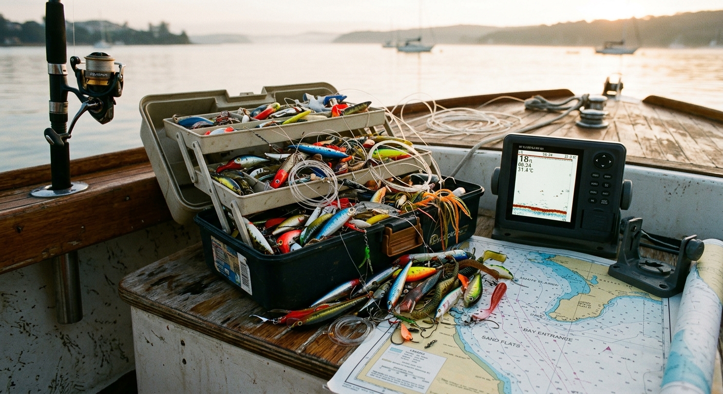 A tackle box overflowing with expensive lures beside a fish finder and a nautical chart