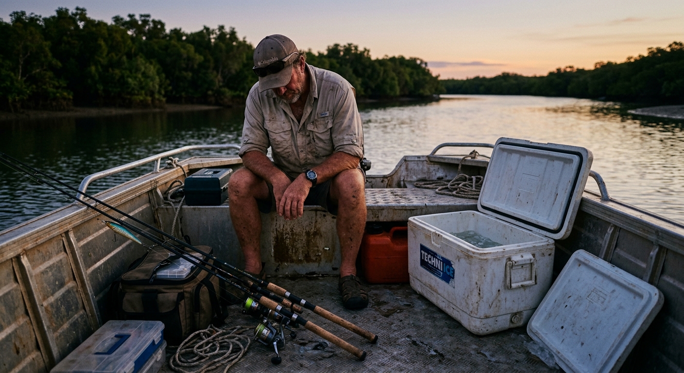 An angler at dusk with an empty esky, rods unused, after a quiet day on the water